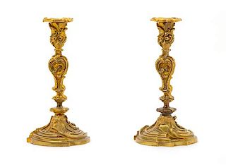 * A Pair of Louis XV Style Gilt Bronze Candlesticks Height 10 1/2 inches.