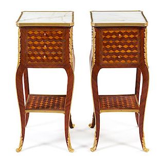 A Pair of Louis XV Style Gilt Bronze Mounted Parquetry Side Tables Height 31 x width 13 1/2 x depth 13 3/4 inches.