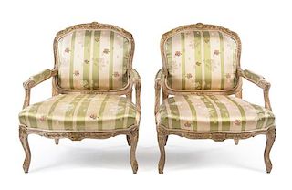 A Pair of Louis XV Style Painted Fauteuils Height 42 inches.