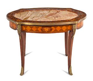 A Transitional Style Gilt Bronze Mounted Marquetry Low Table Height 21 x width 29 1/2 inches.