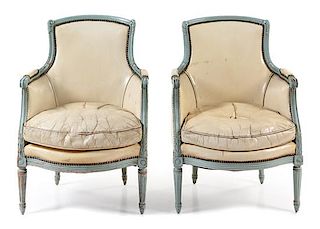 A Pair of Louis XVI Style Painted Bergeres Height 34 inches.