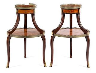 A Pair of Louis XVI Style Gilt Metal Mounted Parquetry Side Tables Height 28 x diameter of lower tier 17 5/8 inches.