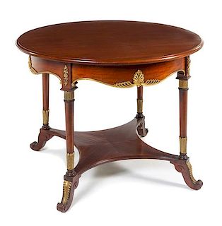 * An Empire Style Gilt Bronze Mounted Mahogany Table Height 29 x diameter of top 39 inches.