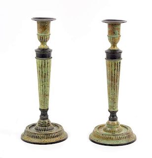 A Pair of Empire Style Patinated Bronze Candlesticks Height 14 inches.