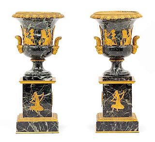 A Pair of Empire Style Gilt Metal Mounted Urns Height 14 inches.