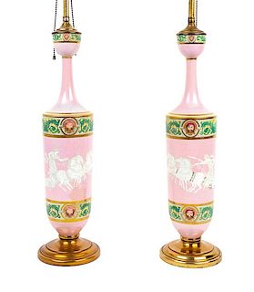 A Pair of French Porcelain Lamps Height overall 29 1/2 inches.