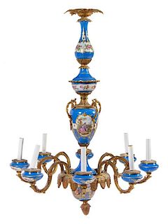 A Sevres Style Gilt Metal and Painted Glass Chandelier Height 35 1/2 x diameter 26 1/4 inches.