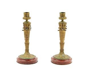 A Pair of French Marble and Gilt Bronze Candlesticks Height 9 1/4 inches.