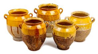 A Group of French Glazed Pottery Confit Jars Height of tallest 13 1/2 inches.