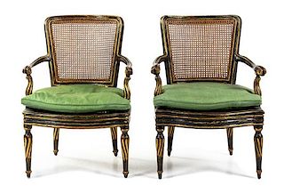 A Pair of Italian Painted and Parcel Gilt Armchairs Height 35 inches.