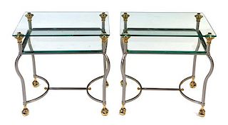 A Pair of Neoclassical Style Brass and Glass Side Tables Height 27 1/2 x width 21 1/2 x depth 16 1/2 inches.