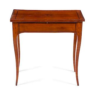A Continental Parquetry Work Table Height 26 x width 26 1/2 x depth 16 1/2 inches.