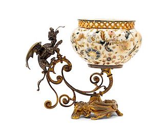 A Continental Bronze Mounted Faience Jardiniere Height 8 1/2 inches.