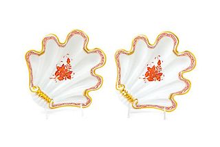 A Pair of Herend Porcelain Shell Form Dishes Width 9 inches.