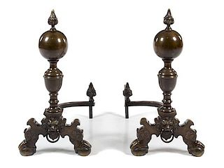 A Pair of Continental Bronze Andirons Height 27 3/4 inches.