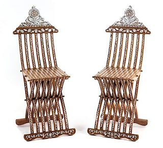 A Pair of Syrian Style Mother-of-Pearl Inlaid Chairs Height 40 inches.