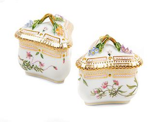 A Pair of Royal Copenhagen Flora Danica Covered Porcelain Boxes Height 3 1/4 inches.