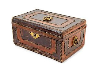 A Studded Leather Jewelry Box Height 7 x width 14 x depth 9 1/2 inches.