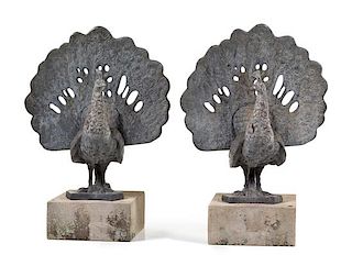 A Pair of Lead Figures of Peacocks Height overall 28 1/2 inches.