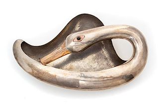 A Mexican Silver and Copper Inlaid Dish, Los Castillo, Taxco, 20th Century, in the form of a swan with a spot-hammered finish an