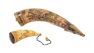 Two American Folk Decorated Powder Horns Length of longer 11 1/2 inches.
