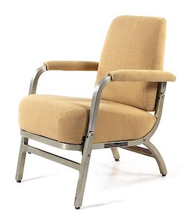 An Aluminum-Framed Folding Rail Car Lounge Chair Height 33 1/2 x width 20 3/4 inches.