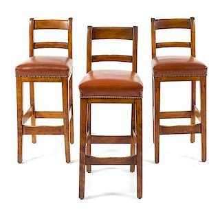 Three Leather Upholstered Bar Seats Height 41 1/2 inches.