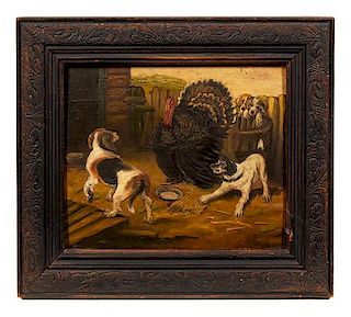 American School, (19th Century), Two Dogs and a Turkey