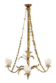 An Art Nouveau Style Gilt Metal Three-Light Chandelier Height 41 1/2 x width 20 1/2 inches.