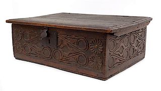 * A William and Mary Carved Oak Bible Case Height 8 x width 22 x depth 17 1/2 inches.