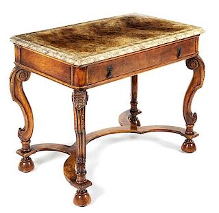 A William and Mary Style Burlwood Table Height 28 x width 35 x depth 22 inches.