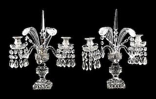 A Pair of Regency Style Cut Glass Two-Light Candelabra Height 19 inches.