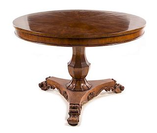 A Regency Style Walnut Center Table Height 33 3/4 x diameter of top 49 7/8 inches.