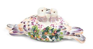 A Chelsea Porcelain "Doves" Snuff Box Width 7 1/4 inches.