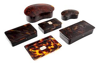Six Victorian Faux Tortoise Shell Articles Width of largest 7 1/8 inches.