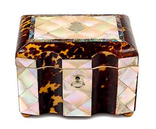 A Victorian Tortoise Shell and Mother-of-Pearl Inlaid Tea Caddy Height 3 1/2 x width 5 x depth 3 1/4 inches.