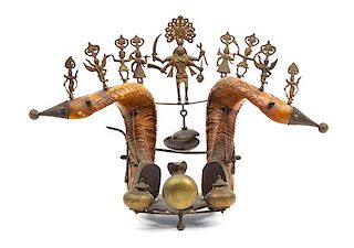 An Anglo-Indian Brass and Antler Encrier Height 13 1/2 x width 19 inches.