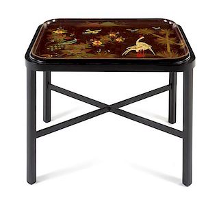 A Papier-Mache Tray Table Height 22 1/2 x width 30 x depth 22 1/2 inches.