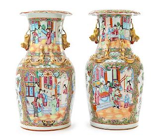 A Pair of Chinese Rose Medallion Porcelain Vases Height 14 inches.