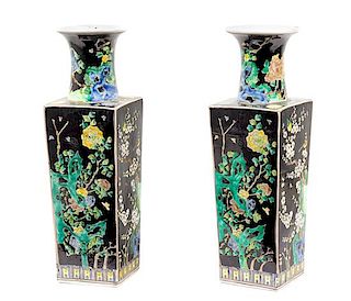 A Pair of Chinese Famille Noire Porcelain Vases Height 18 1/4 inches.