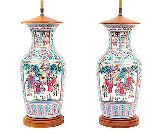 A Pair of Famille Rose Porcelain Vases Height overall 35 inches.