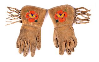 Montana Crow Floral Beaded Gauntlet Gloves c. 1930