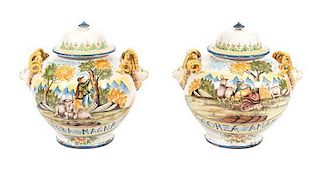 A Pair of Continental Ceramic Covered Urns Height 19 inches.
