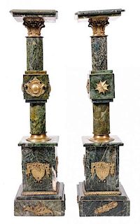 A Near Pair of Marble and Gilt Bronze Mounted Pedestals Height 47 x width 12 x depth 12 inches.