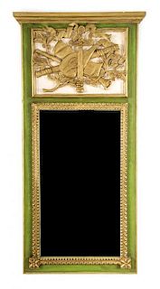 A French Provincial Style Painted and Parcel Gilt Trumeau Mirror Height 59 x width 26 1/4 inches.