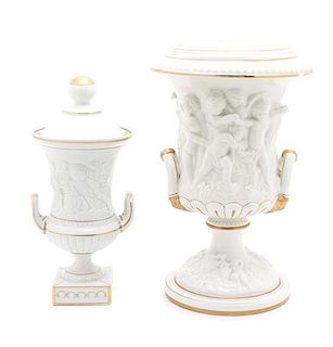 Two Capodimonte Porcelain Urns Height of taller 13 1/2 inches.