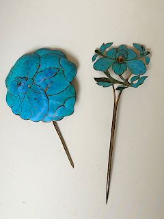 TWO OF CHINESE ANTIQUE BIRD FEATHERS HAIR PINS  