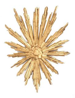 A Giltwood Sunburst Wall Hanging Height 36 x width 26 1/8 inches.