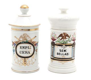 Two Continental Porcelain Apothecary Jars Height of taller 10 1/2 inches.