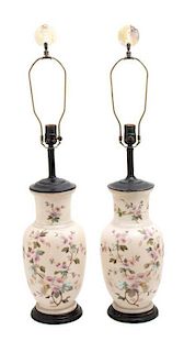 A Pair of Opaline and Enamel Table Lamps Height 22 inches.